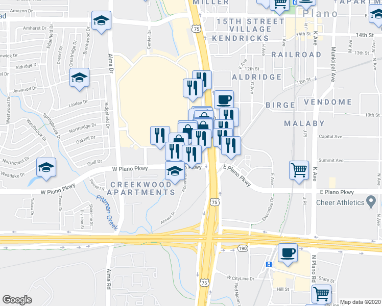 map of restaurants, bars, coffee shops, grocery stores, and more near 721 North Central Expressway in Plano