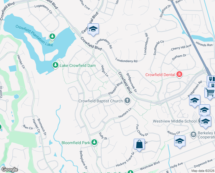 map of restaurants, bars, coffee shops, grocery stores, and more near 33 Indigo Lane in Goose Creek