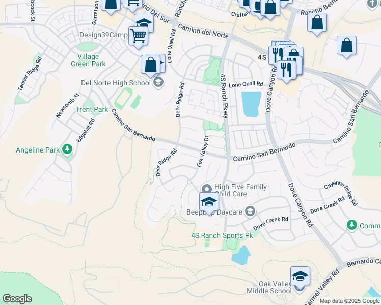 map of restaurants, bars, coffee shops, grocery stores, and more near 9857 Fox Meadow Road in San Diego