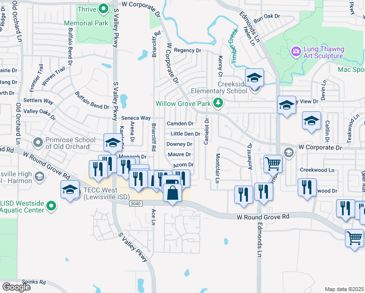 map of restaurants, bars, coffee shops, grocery stores, and more near 984 Downey Drive in Lewisville