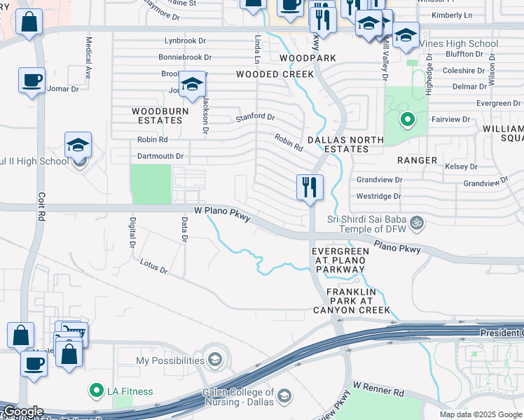 map of restaurants, bars, coffee shops, grocery stores, and more near 3121 West Plano Parkway in Plano