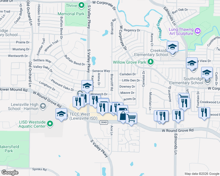 map of restaurants, bars, coffee shops, grocery stores, and more near 2075 Briarcliff Road in Lewisville