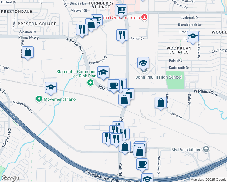 map of restaurants, bars, coffee shops, grocery stores, and more near 4028 West Plano Parkway in Plano