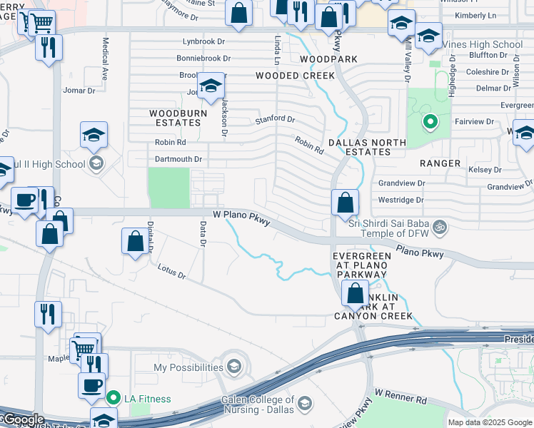 map of restaurants, bars, coffee shops, grocery stores, and more near 3121-3299 West Plano Parkway in Plano