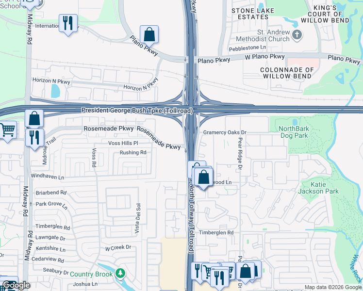 map of restaurants, bars, coffee shops, grocery stores, and more near 18949 Dallas Parkway in Dallas