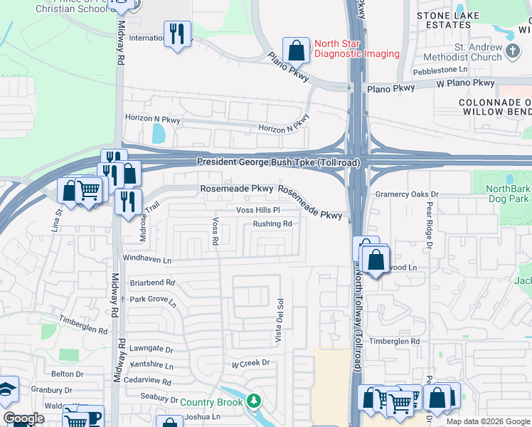 map of restaurants, bars, coffee shops, grocery stores, and more near 4431 Voss Hills Place in Dallas