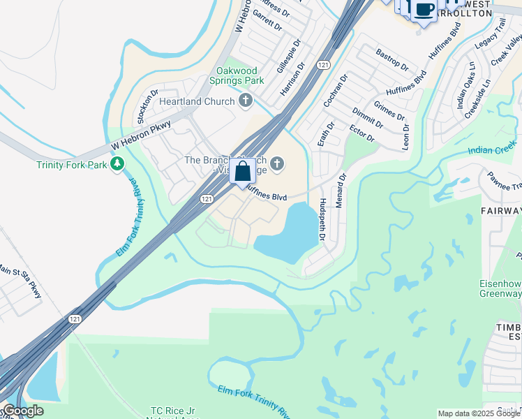 map of restaurants, bars, coffee shops, grocery stores, and more near 3680 Huffines Boulevard in Carrollton