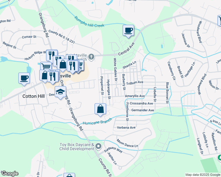 map of restaurants, bars, coffee shops, grocery stores, and more near 217 Hydrangea Street in Summerville