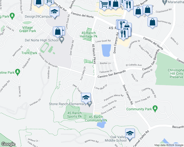 map of restaurants, bars, coffee shops, grocery stores, and more near 9999 Fox Meadow Road in San Diego