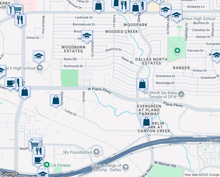 map of restaurants, bars, coffee shops, grocery stores, and more near 3121-3299 West Plano Parkway in Plano