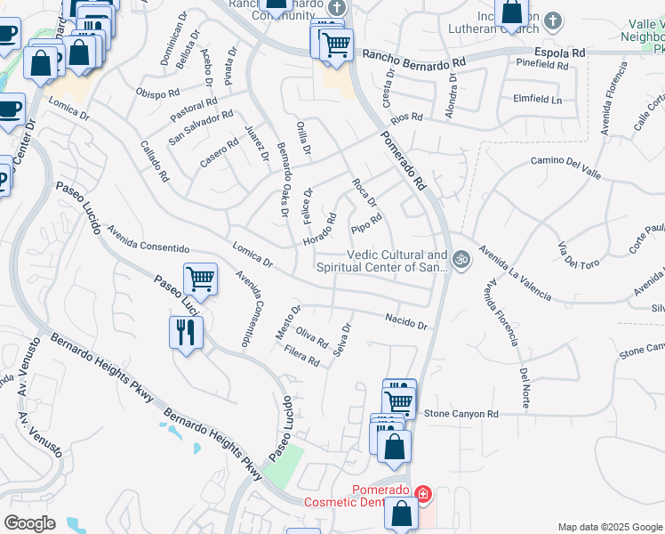 map of restaurants, bars, coffee shops, grocery stores, and more near 12370 Mantilla Road in San Diego