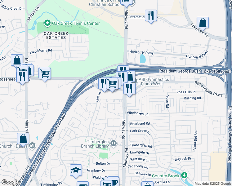 map of restaurants, bars, coffee shops, grocery stores, and more near 3950 Rosemeade Parkway in Dallas