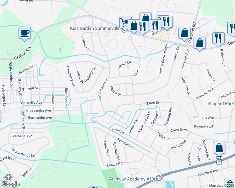 map of restaurants, bars, coffee shops, grocery stores, and more near 206 Miken Lane in Summerville