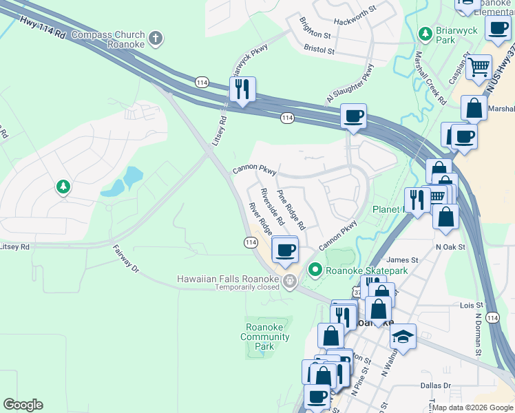 map of restaurants, bars, coffee shops, grocery stores, and more near 1324 River Ridge Road in Roanoke