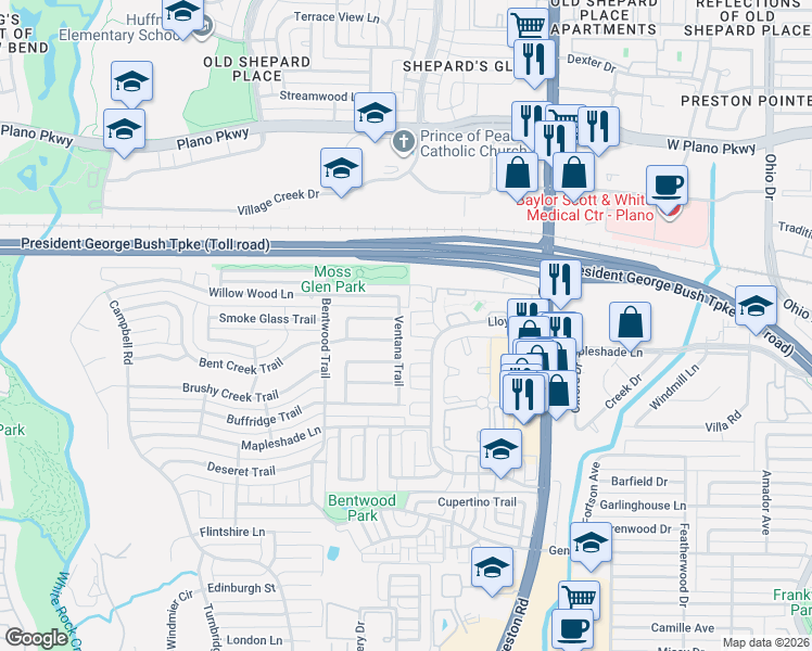map of restaurants, bars, coffee shops, grocery stores, and more near 5404 Ventana Trail in Dallas