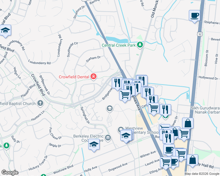 map of restaurants, bars, coffee shops, grocery stores, and more near 88 Bridgetown Road in Goose Creek