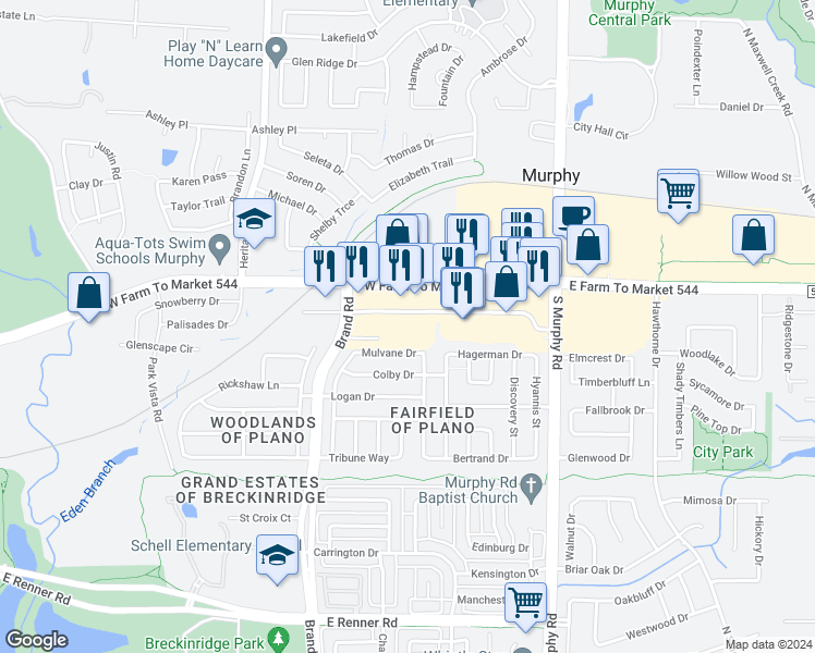 map of restaurants, bars, coffee shops, grocery stores, and more near 302 Farm to Market Road 544 in Murphy