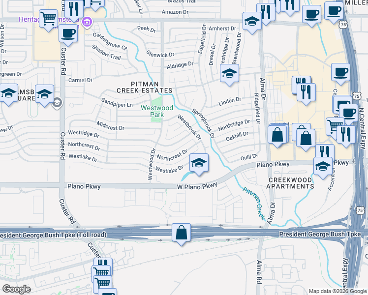 map of restaurants, bars, coffee shops, grocery stores, and more near 1512 Westridge Drive in Plano