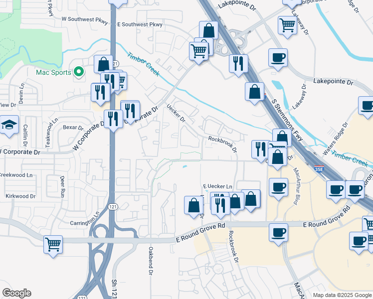 map of restaurants, bars, coffee shops, grocery stores, and more near 2200 South Uecker Drive in Lewisville