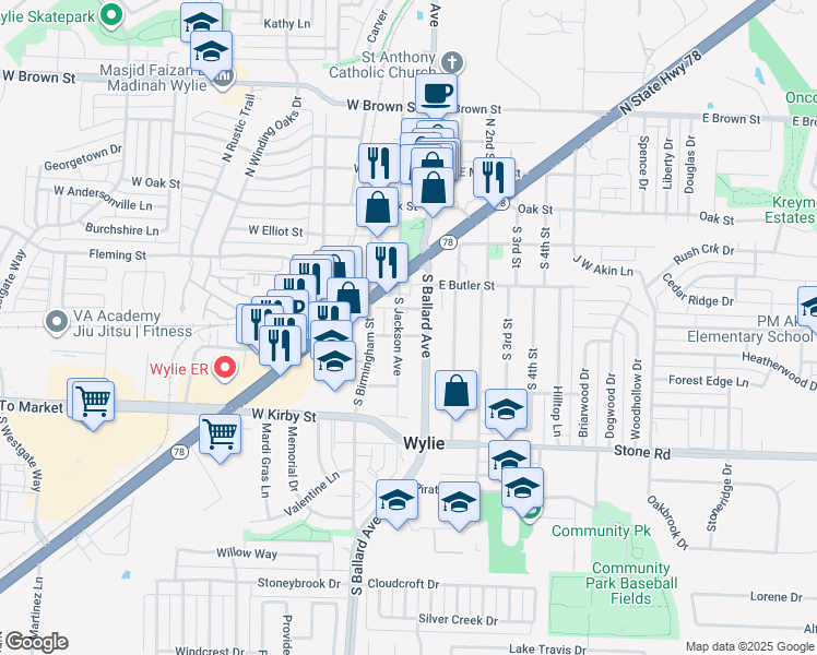 map of restaurants, bars, coffee shops, grocery stores, and more near 110 College Street in Wylie