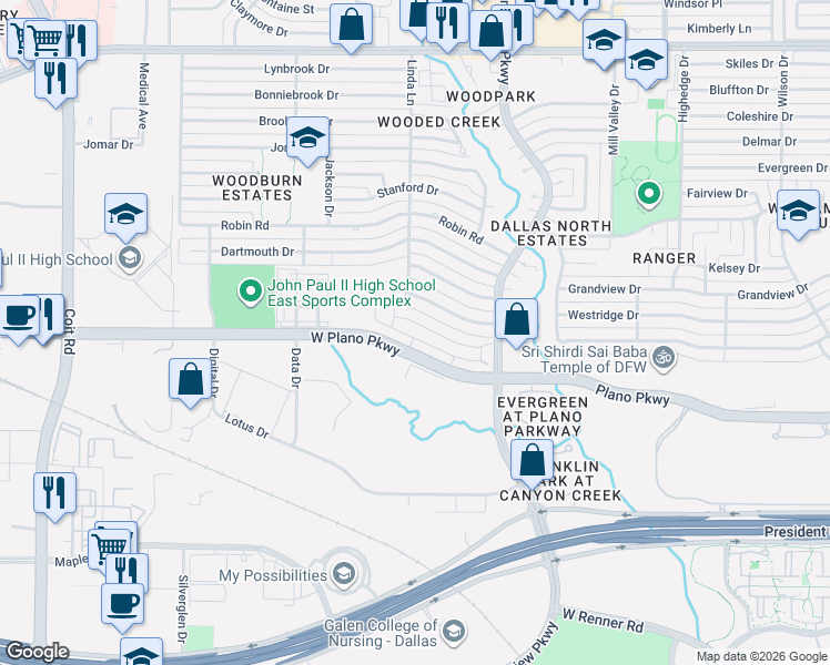 map of restaurants, bars, coffee shops, grocery stores, and more near 3012 Princeton Drive in Plano