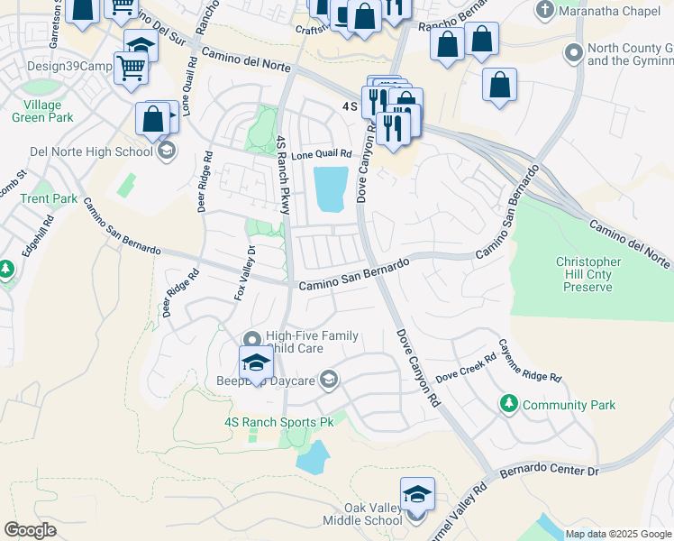 map of restaurants, bars, coffee shops, grocery stores, and more near 16364 Calloway Drive in San Diego