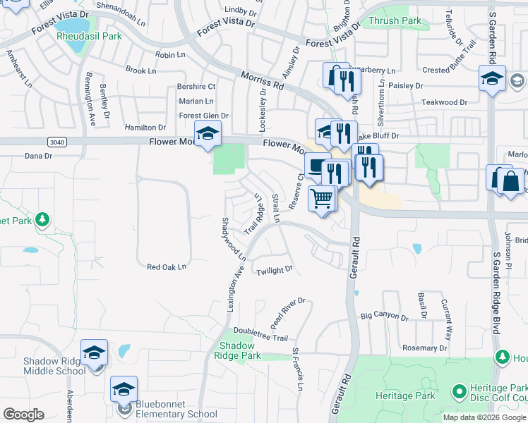 map of restaurants, bars, coffee shops, grocery stores, and more near 1817 Strait Lane in Flower Mound
