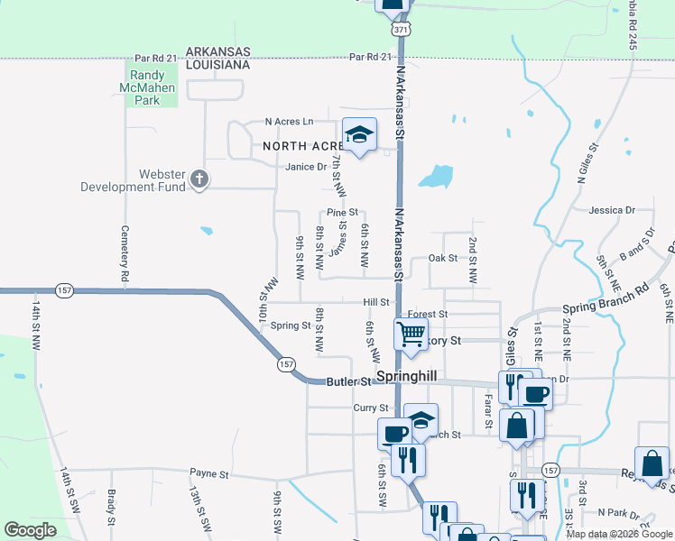 map of restaurants, bars, coffee shops, grocery stores, and more near 705 James Street in Springhill