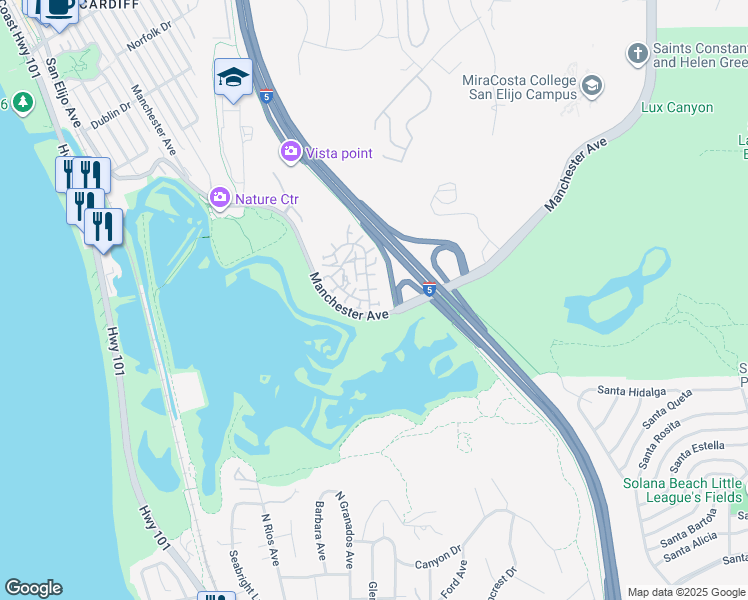 map of restaurants, bars, coffee shops, grocery stores, and more near 2545 Ocean Cove Drive in Encinitas