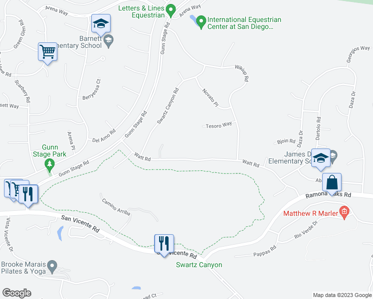 map of restaurants, bars, coffee shops, grocery stores, and more near 24350 Watt Road in Ramona