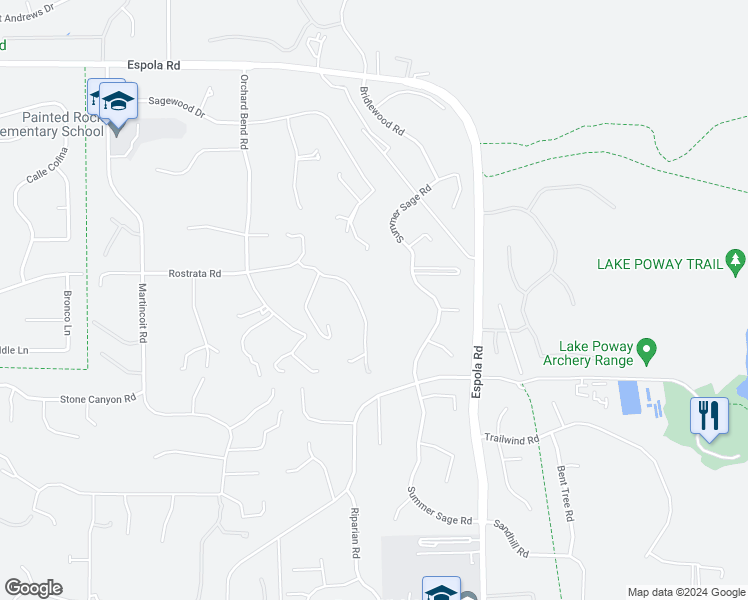 map of restaurants, bars, coffee shops, grocery stores, and more near 16257 Oak Creek Trail in Poway