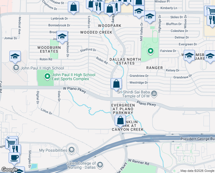 map of restaurants, bars, coffee shops, grocery stores, and more near 2800 Princeton Place in Plano