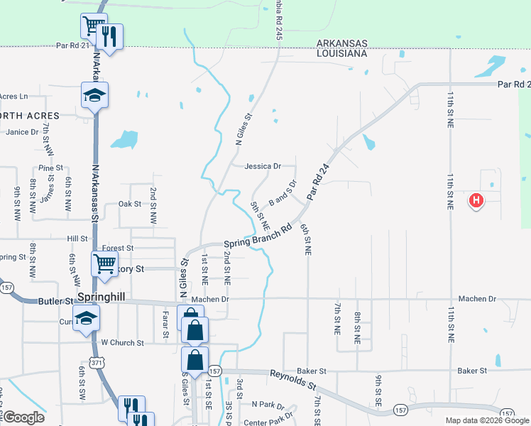 map of restaurants, bars, coffee shops, grocery stores, and more near 701 5th Street Northeast in Springhill