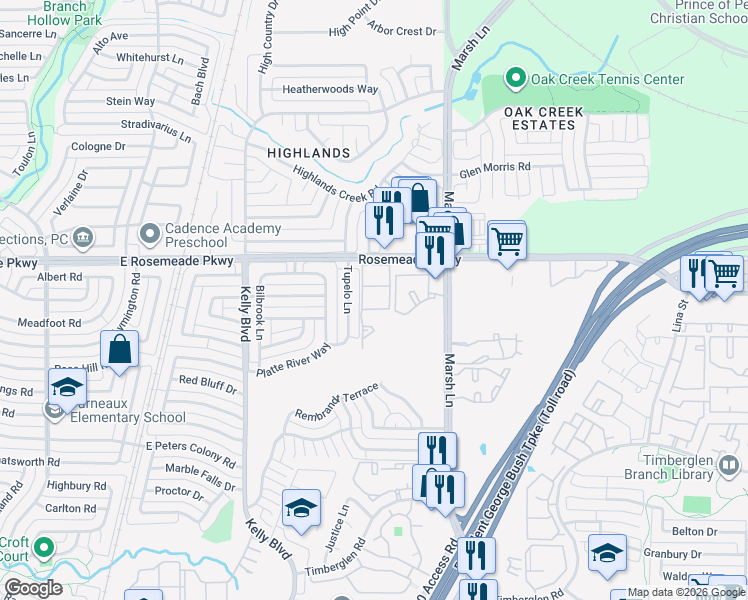 map of restaurants, bars, coffee shops, grocery stores, and more near 3440 East Rosemeade Parkway in Carrollton