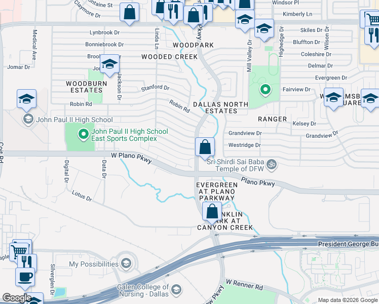 map of restaurants, bars, coffee shops, grocery stores, and more near 2800 Princeton Place in Plano