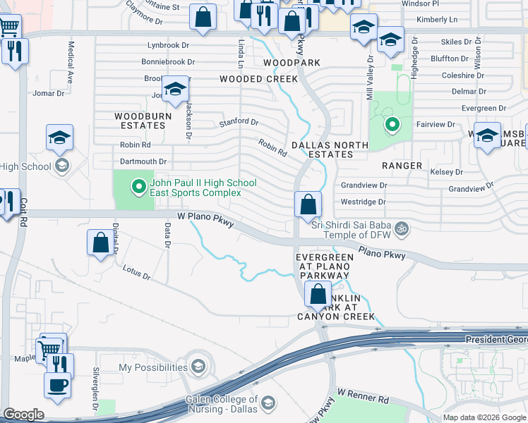 map of restaurants, bars, coffee shops, grocery stores, and more near 2916 Princeton Drive in Plano