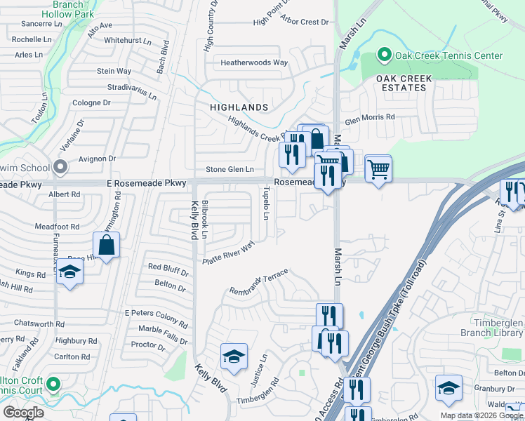 map of restaurants, bars, coffee shops, grocery stores, and more near 19004 Platte River Way in Dallas