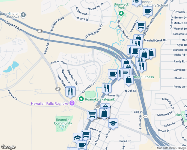 map of restaurants, bars, coffee shops, grocery stores, and more near 1515 Cannon Parkway in Roanoke