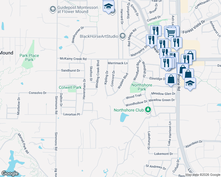 map of restaurants, bars, coffee shops, grocery stores, and more near 1808 Concord Drive in Flower Mound