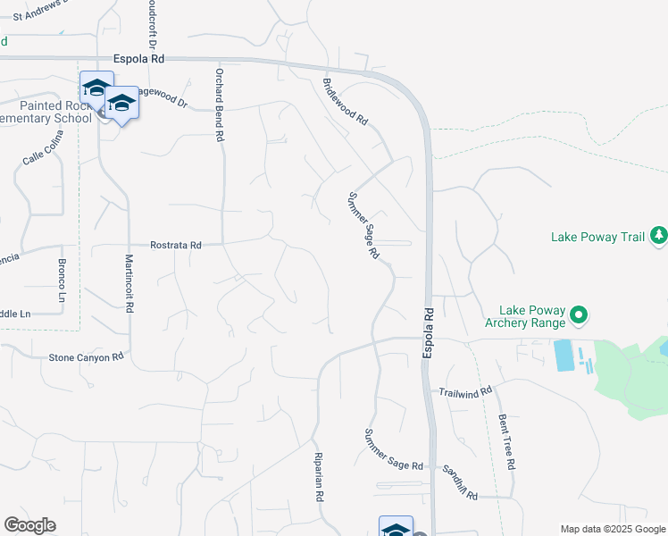 map of restaurants, bars, coffee shops, grocery stores, and more near 16257 Oak Creek Trail in Poway