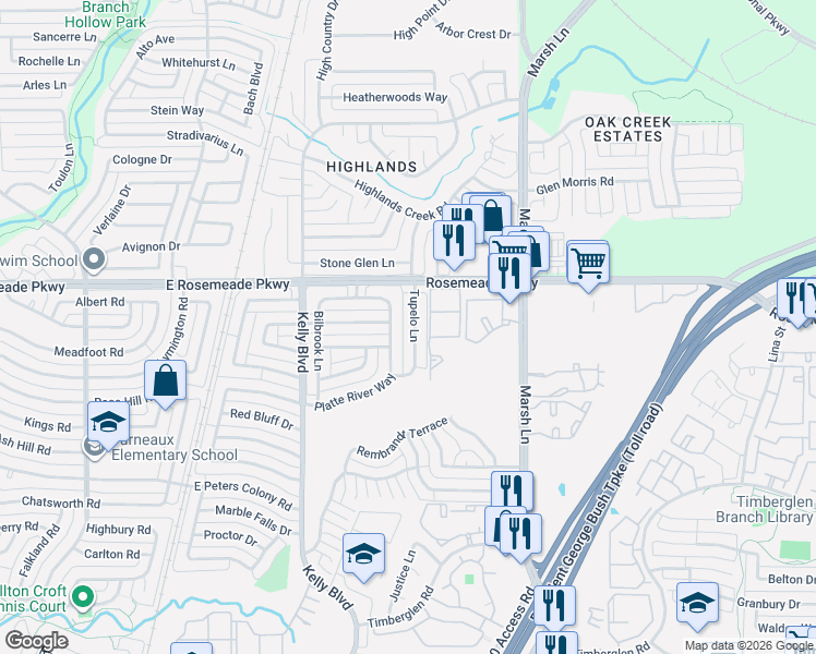 map of restaurants, bars, coffee shops, grocery stores, and more near 19004 Platte River Way in Dallas
