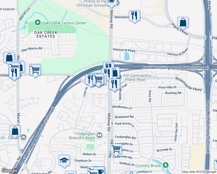map of restaurants, bars, coffee shops, grocery stores, and more near 18950 Lina Street in Dallas