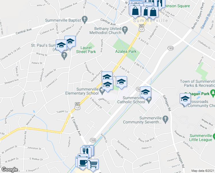 map of restaurants, bars, coffee shops, grocery stores, and more near 815 South Main Street in Summerville