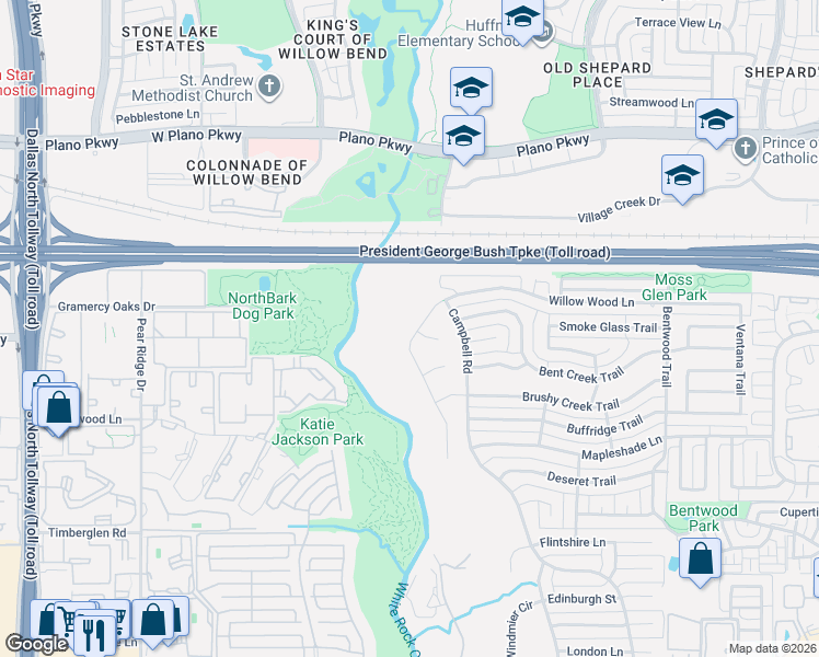 map of restaurants, bars, coffee shops, grocery stores, and more near 5447 Willow Wood Lane in Dallas