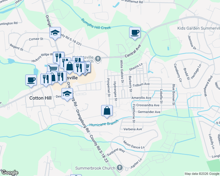 map of restaurants, bars, coffee shops, grocery stores, and more near 226 Pimpernel Street in Summerville