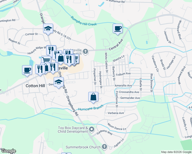 map of restaurants, bars, coffee shops, grocery stores, and more near 301 Pimpernel Street in Summerville