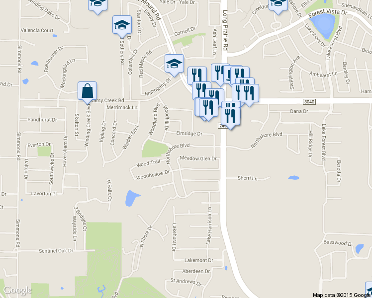 map of restaurants, bars, coffee shops, grocery stores, and more near 2821 Northshore Blvd in Flower Mound