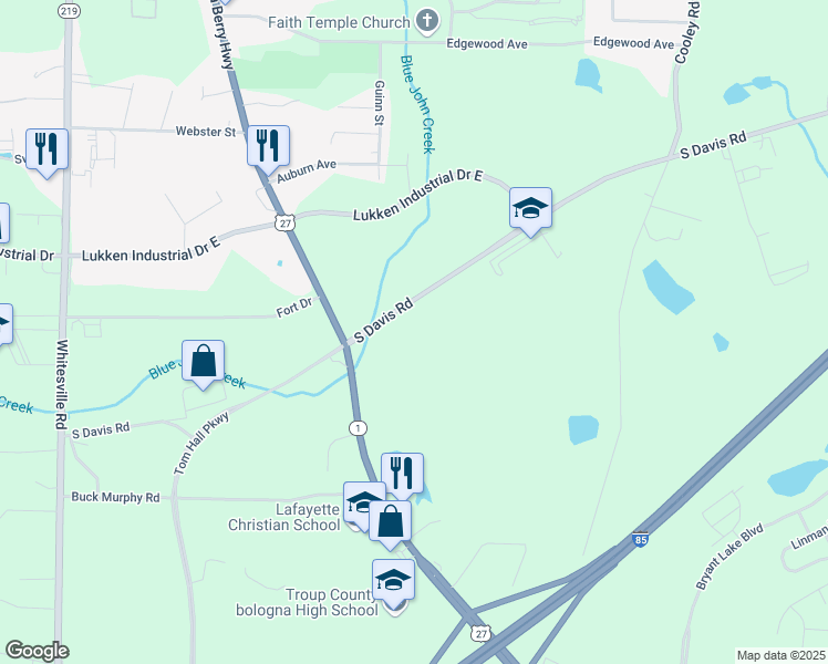 map of restaurants, bars, coffee shops, grocery stores, and more near 2107 South Davis Road in LaGrange