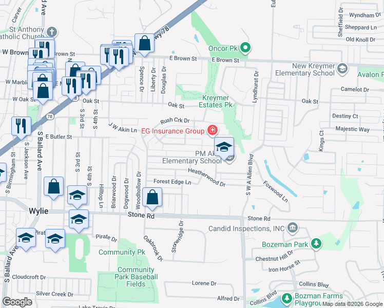 map of restaurants, bars, coffee shops, grocery stores, and more near 829 Foxwood Lane in Wylie