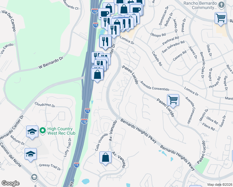 map of restaurants, bars, coffee shops, grocery stores, and more near 16316 Avenida Venusto in San Diego